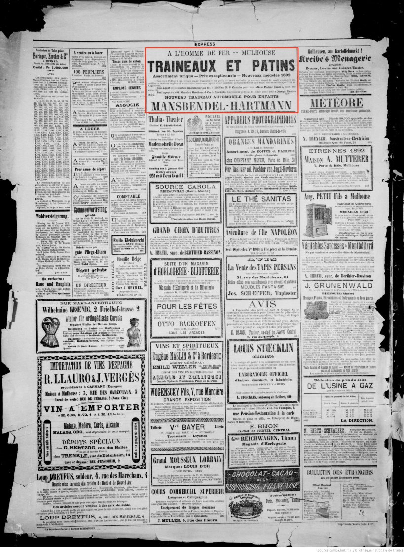 Journal L'Express de Mulhouse du 30 décembre 1891 (p.4) : nouveaux modèles 1892 de traineaux et patins.